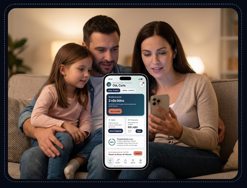 Família usando o app Nosso App Escolar